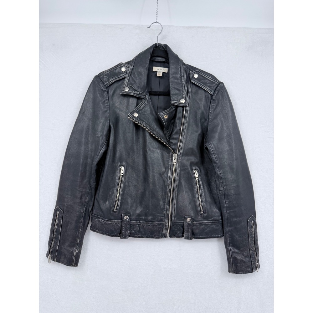 Black Lamb Leather Biker Moto Jacket TopShop Womens US 8 Indie Edgy Grunge